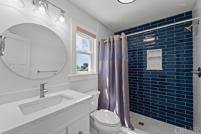 full bath featuring toilet, a shower stall, and vanity