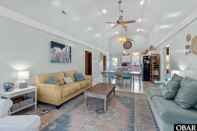 1017 Corolla Dr Lot 52, Corolla, NC 27927 - living area with healthy amount of natural light, ceiling fan, high vaulted ceiling, and recessed lighting