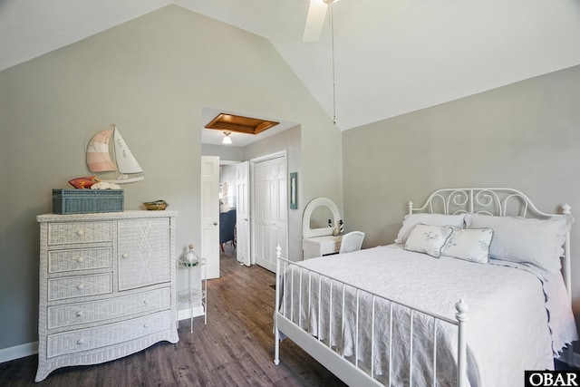 184 Tabernacle Ln, Aydlett, NC 27916 - bedroom with high vaulted ceiling, wood finished floors, a closet, and ceiling fan