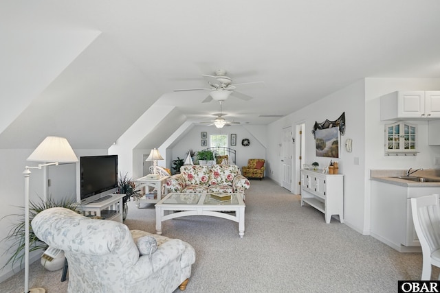 184 Tabernacle Ln, Aydlett, NC 27916 - living area featuring light colored carpet, ceiling fan, and lofted ceiling
