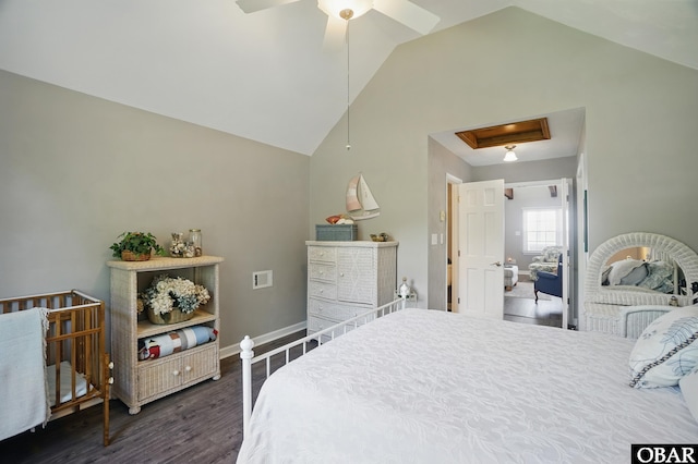 184 Tabernacle Ln, Aydlett, NC 27916 - bedroom with dark wood-style floors, ceiling fan, and high vaulted ceiling