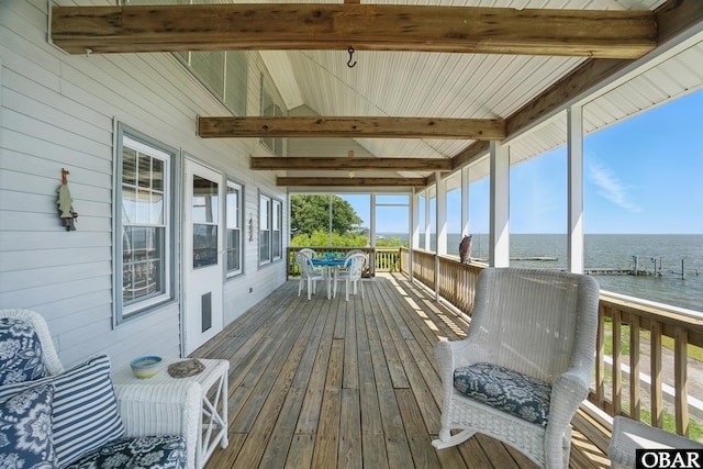 184 Tabernacle Ln, Aydlett, NC 27916 - wooden terrace featuring a water view and outdoor dining space