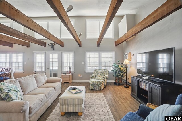 184 Tabernacle Ln, Aydlett, NC 27916 - living room featuring beam ceiling, high vaulted ceiling, wood finished floors, and healthy amount of natural light