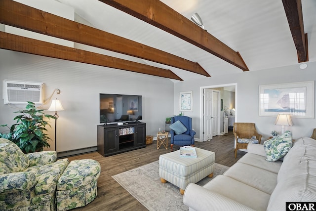184 Tabernacle Ln, Aydlett, NC 27916 - living room featuring an AC wall unit, a baseboard heating unit, and wood finished floors