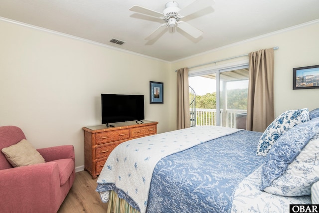 630 Skimmer Ct Lot 20, Corolla, NC 27927 - bedroom with access to outside, light wood finished floors, crown molding, a ceiling fan, and baseboards