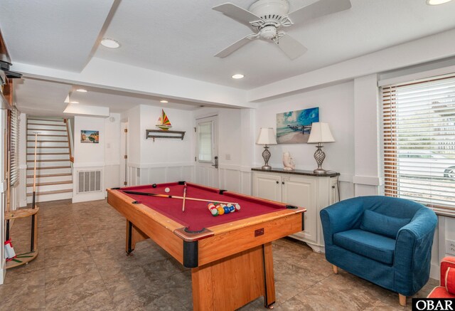 630 Skimmer Ct Lot 20, Corolla, NC 27927 - game room with billiards, recessed lighting, a wainscoted wall, and ceiling fan