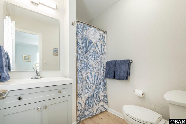 630 Skimmer Ct Lot 20, Corolla, NC 27927 - bathroom featuring toilet, wood finished floors, vanity, baseboards, and curtained shower