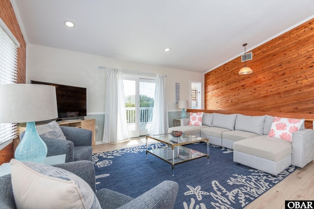 630 Skimmer Ct Lot 20, Corolla, NC 27927 - living room featuring wooden walls, wood finished floors, wainscoting, and recessed lighting