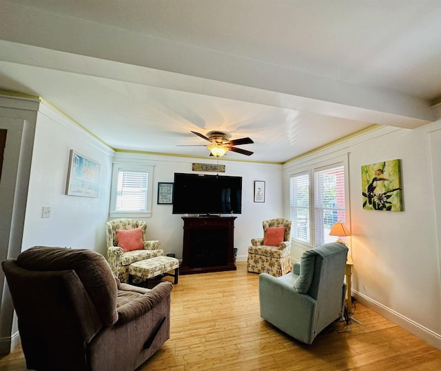 living area with light wood-type flooring, a fireplace, plenty of natural light, and baseboards