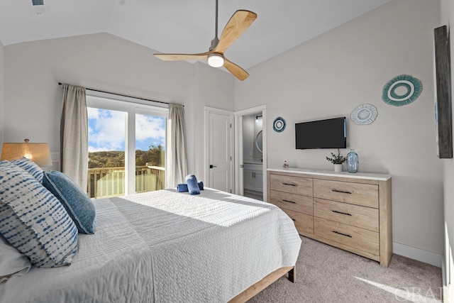 bedroom featuring ceiling fan, light colored carpet, baseboards, vaulted ceiling, and access to exterior