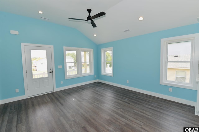 interior space featuring baseboards, vaulted ceiling, recessed lighting, dark wood-style floors, and ceiling fan