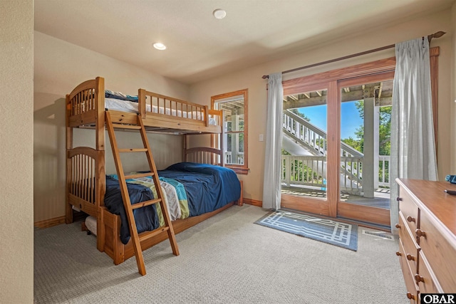 bedroom featuring access to exterior, visible vents, baseboards, carpet, and recessed lighting