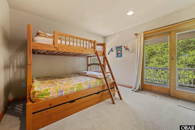 bedroom featuring visible vents, access to outside, recessed lighting, carpet flooring, and baseboards