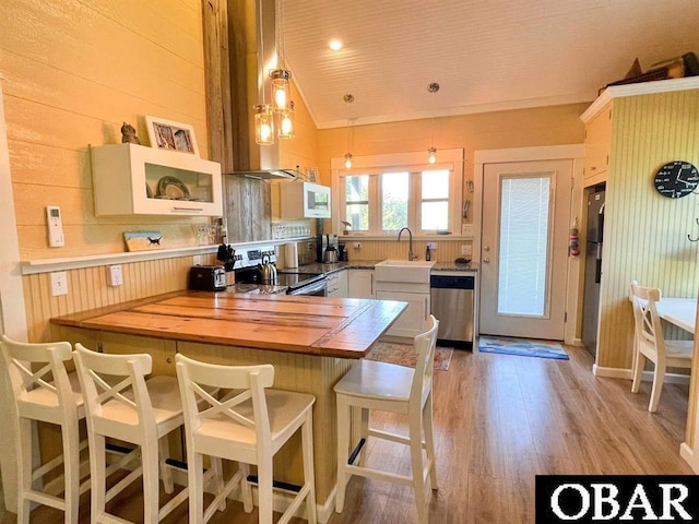 104 Sand Dollar Rd Lot # 23, Ocracoke, NC 27960 - kitchen with stainless steel appliances, vaulted ceiling, light wood-style floors, a peninsula, and a kitchen bar