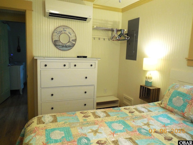104 Sand Dollar Rd Lot # 23, Ocracoke, NC 27960 - bedroom with a wall mounted AC, crown molding, and electric panel
