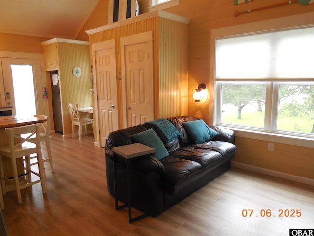 104 Sand Dollar Rd Lot # 23, Ocracoke, NC 27960 - living area featuring vaulted ceiling, wood finished floors, and wooden walls