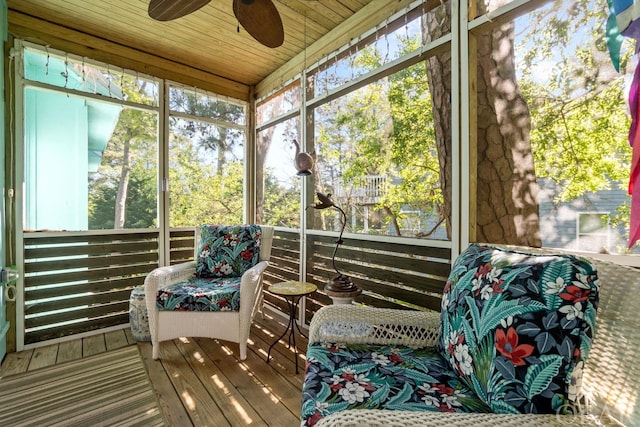 sunroom / solarium featuring wooden ceiling, ceiling fan, and plenty of natural light