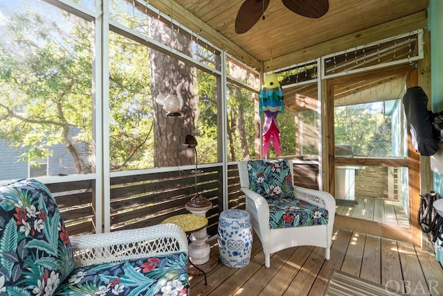 sunroom featuring a ceiling fan and wood ceiling