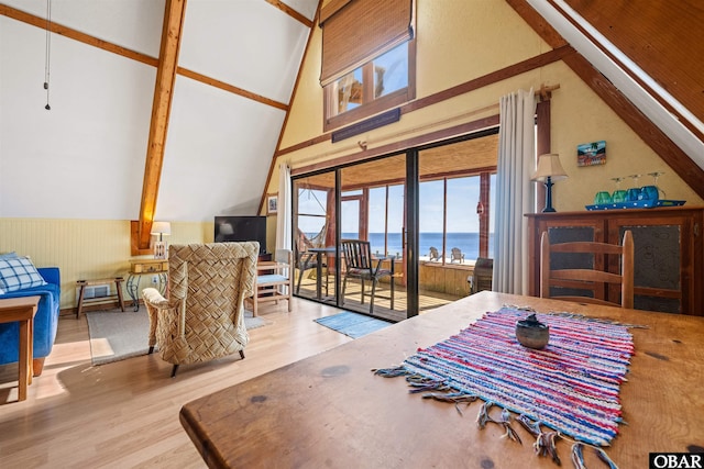 bedroom with access to exterior, wood finished floors, a wainscoted wall, and high vaulted ceiling