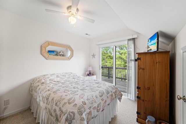 bedroom with lofted ceiling, visible vents, light carpet, access to outside, and baseboards