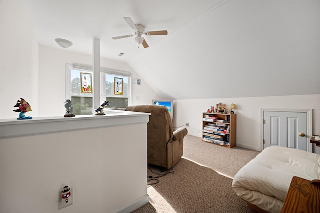 carpeted bedroom featuring a ceiling fan, lofted ceiling, visible vents, and baseboards