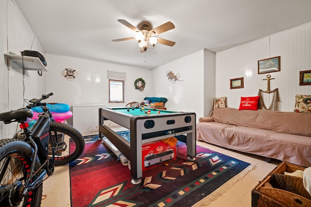 recreation room with ceiling fan