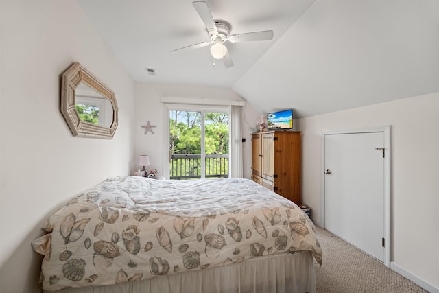 bedroom featuring carpet, visible vents, vaulted ceiling, ceiling fan, and access to outside