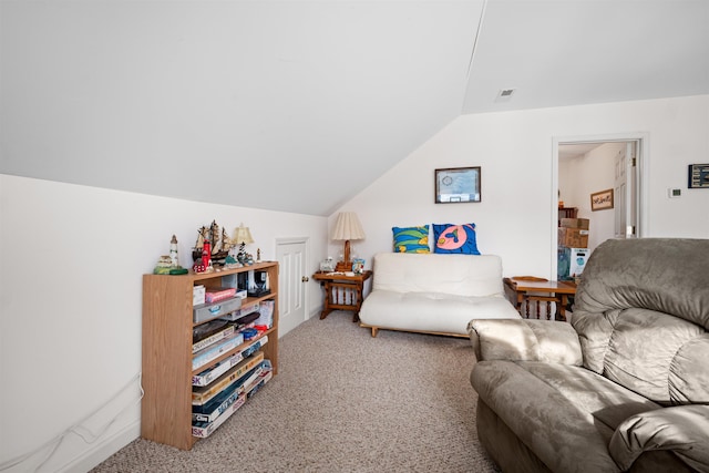 living room featuring carpet, visible vents, and vaulted ceiling