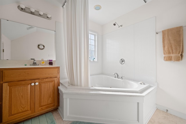 full bathroom with shower / bathtub combination with curtain and vanity