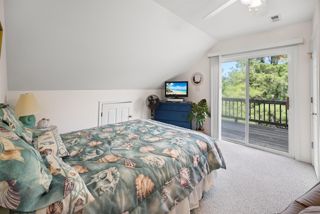 bedroom featuring visible vents, lofted ceiling, ceiling fan, access to outside, and carpet floors