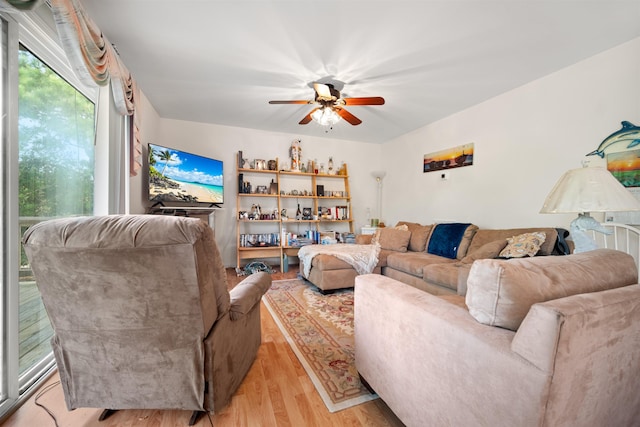 living area featuring ceiling fan and light wood finished floors