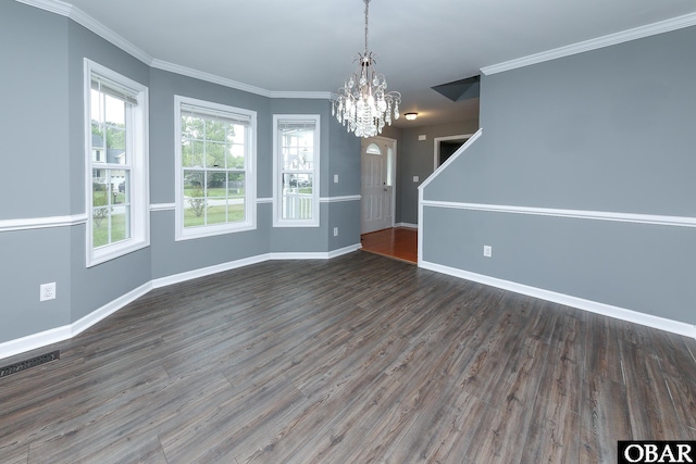 unfurnished dining area with baseboards, wood finished floors, and a chandelier