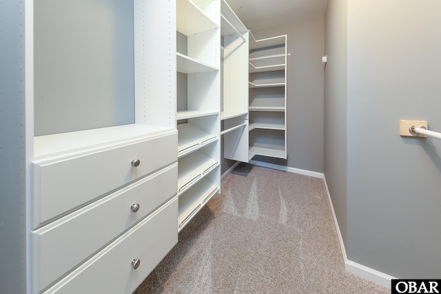 walk in closet featuring dark colored carpet