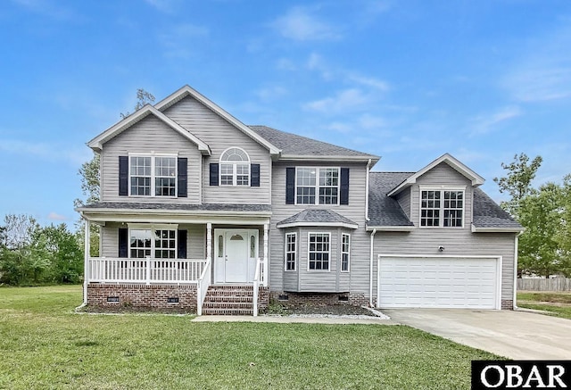 view of front of property featuring crawl space, concrete driveway, a porch, a front yard, and roof with shingles