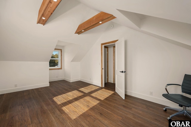bonus room with lofted ceiling with beams, wood finished floors, and baseboards