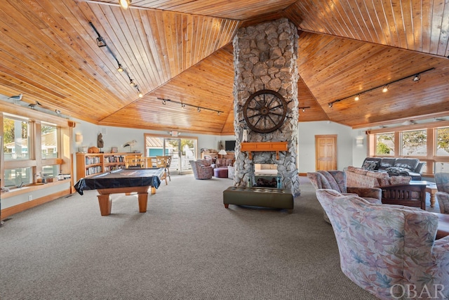 recreation room with carpet, wood ceiling, a stone fireplace, high vaulted ceiling, and billiards