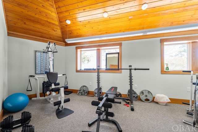 exercise room featuring lofted ceiling, carpet, and baseboards