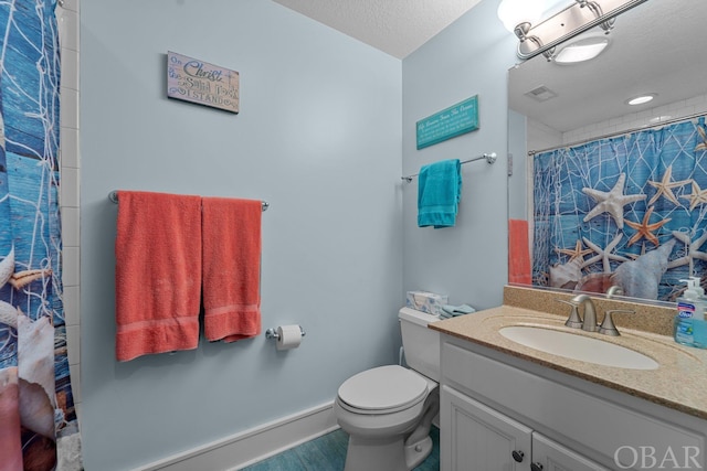 bathroom with visible vents, a shower with shower curtain, toilet, a textured ceiling, and vanity