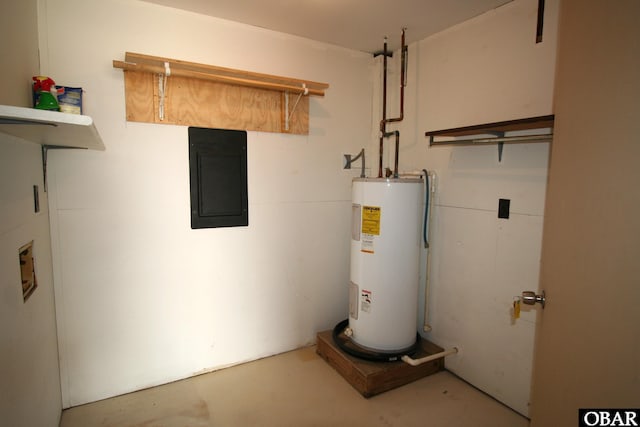 utility room featuring electric panel and water heater