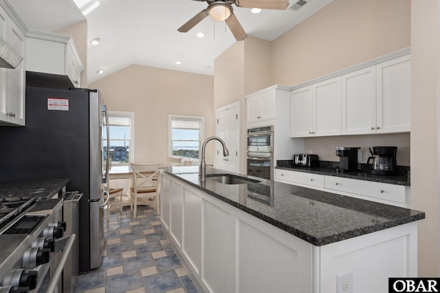 7239 S Old Oregon Inlet Rd Lot 1, Nags Head, NC 27959 - kitchen with a sink, appliances with stainless steel finishes, a ceiling fan, white cabinetry, and lofted ceiling