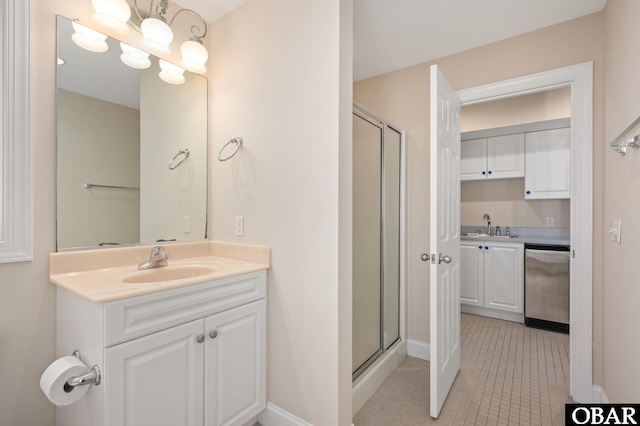 7239 S Old Oregon Inlet Rd Lot 1, Nags Head, NC 27959 - bathroom with vanity, a stall shower, tile patterned flooring, and baseboards