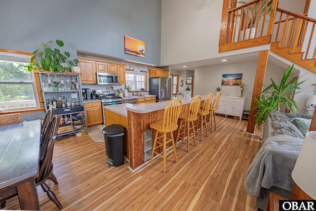 50084 Freebooter Ct Lot 177, Frisco, NC 27936 - kitchen featuring stainless steel appliances, a towering ceiling, light wood-type flooring, a kitchen bar, and light countertops
