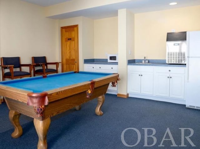 recreation room featuring billiards, dark carpet, a sink, and recessed lighting