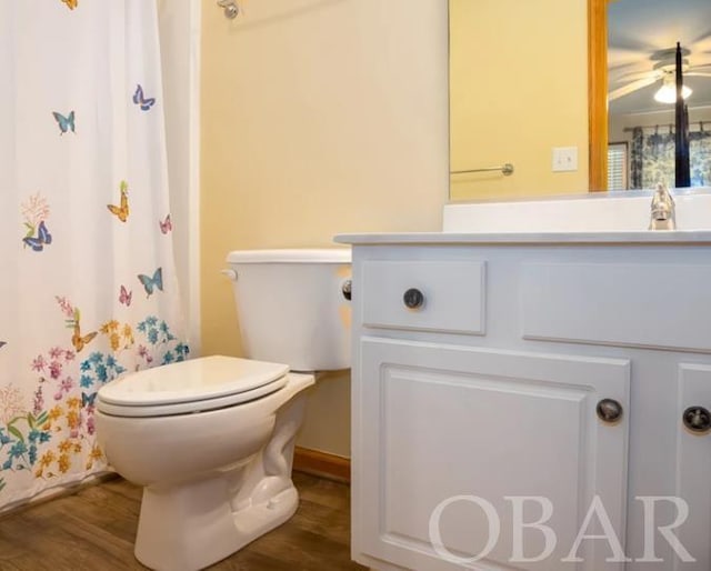 bathroom featuring toilet, wood finished floors, and vanity