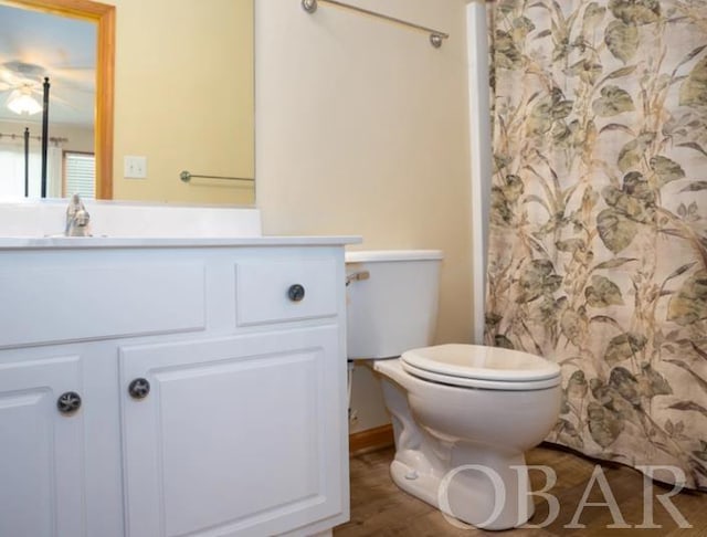 bathroom featuring wood finished floors, a shower with shower curtain, vanity, and toilet