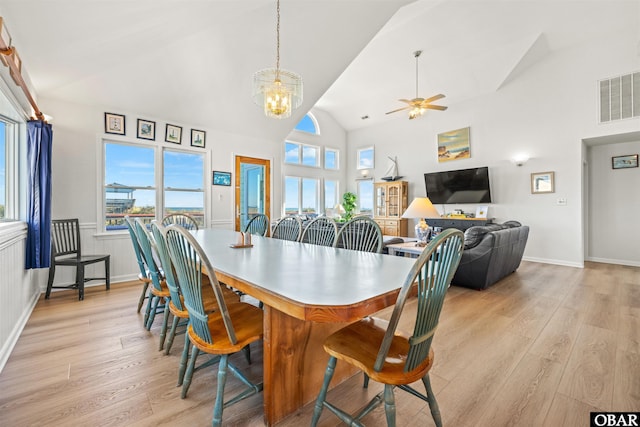 4939 S Virginia Dare Trl Lot 4, Nags Head, NC 27959 - dining area with a ceiling fan, plenty of natural light, light wood finished floors, and high vaulted ceiling