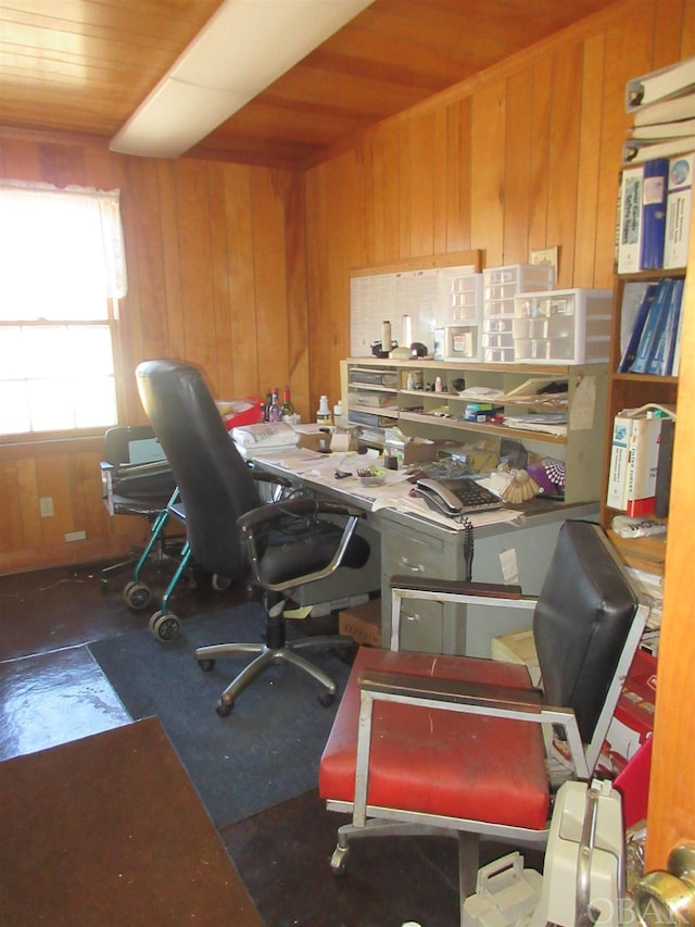 office space featuring wooden ceiling and wooden walls