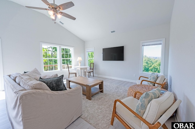 living room with visible vents, baseboards, ceiling fan, light wood-style floors, and high vaulted ceiling