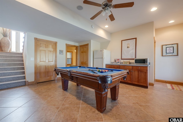 playroom featuring pool table, recessed lighting, baseboards, and ceiling fan