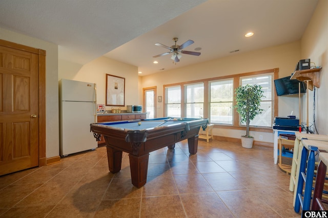 playroom with baseboards, ceiling fan, recessed lighting, billiards, and tile patterned flooring